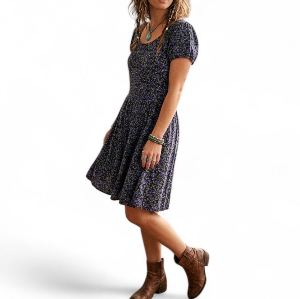 Vintage Floral Mini Dress Purple Black Grunge Core